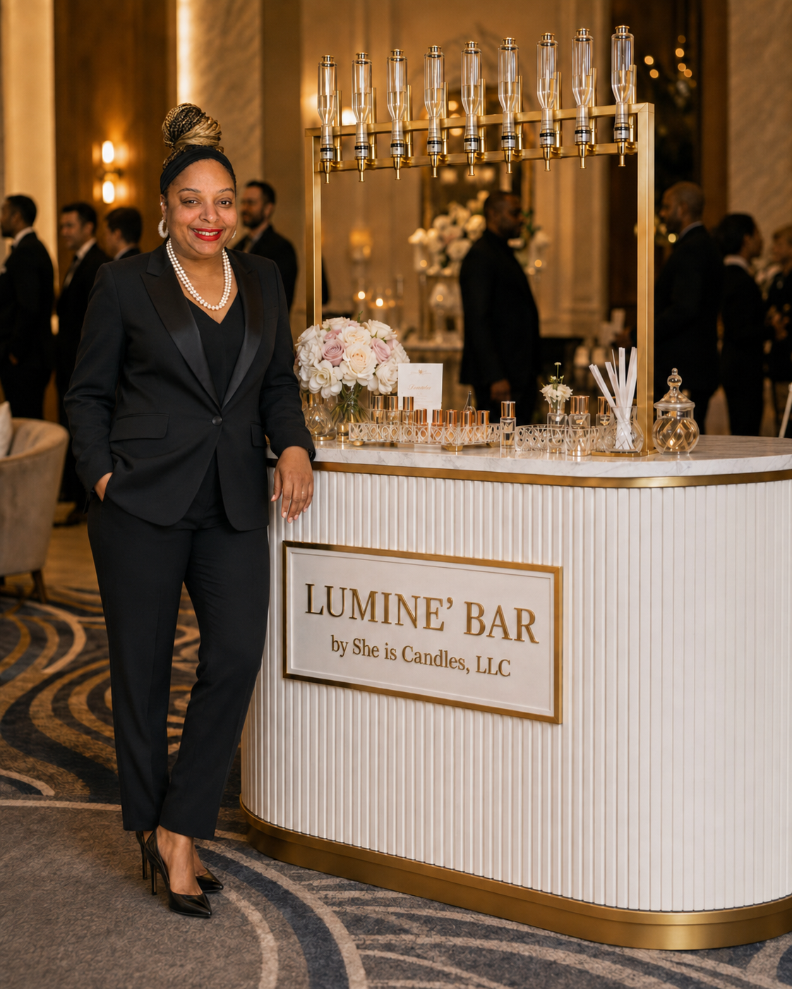 Niambi Ingram, owner of Luminé Bar by She Is Candles, LLC, standing beside the fully styled Luminé Bar at a luxury event