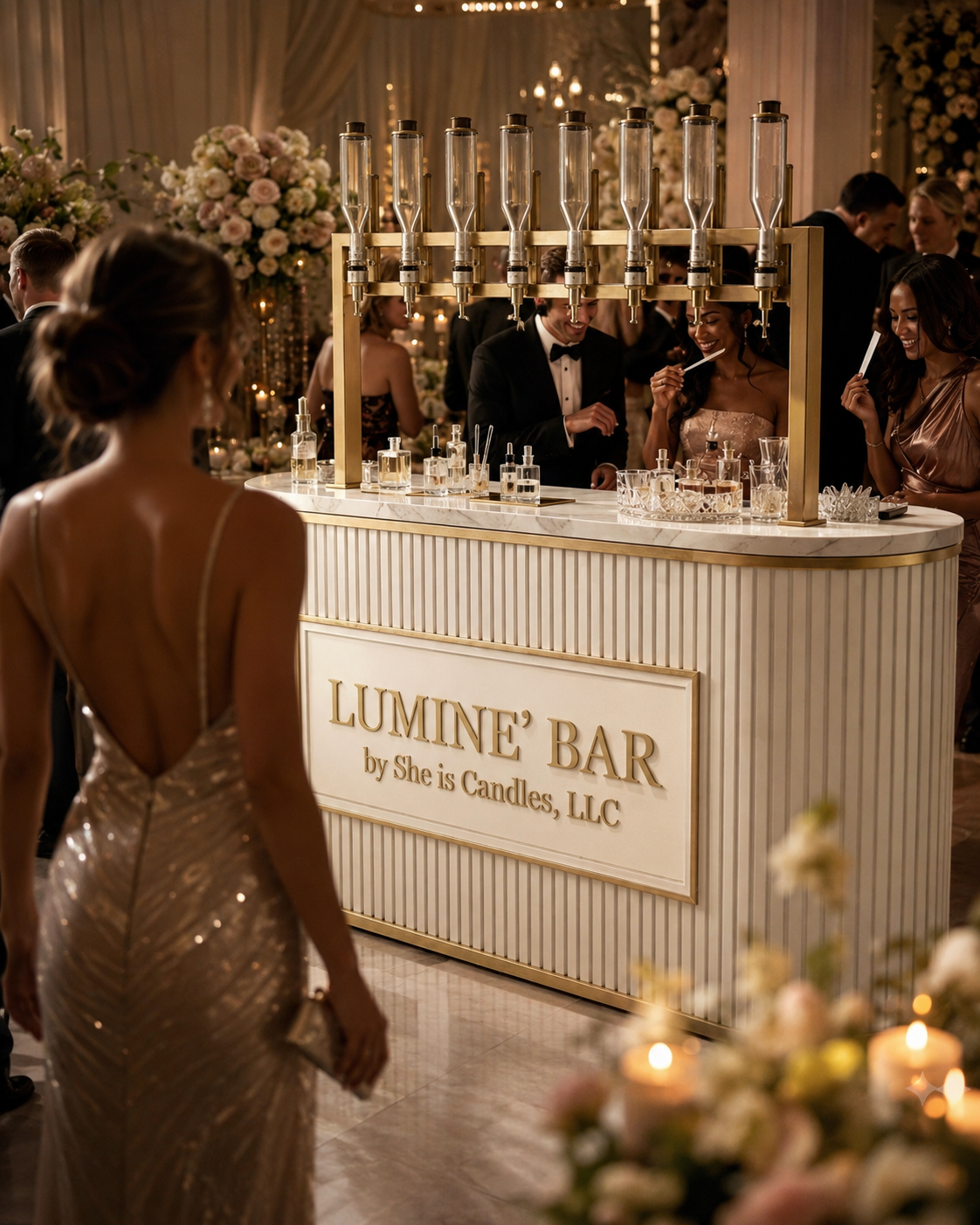 The Luminé Bar installation with gold signage at a candlelit gala