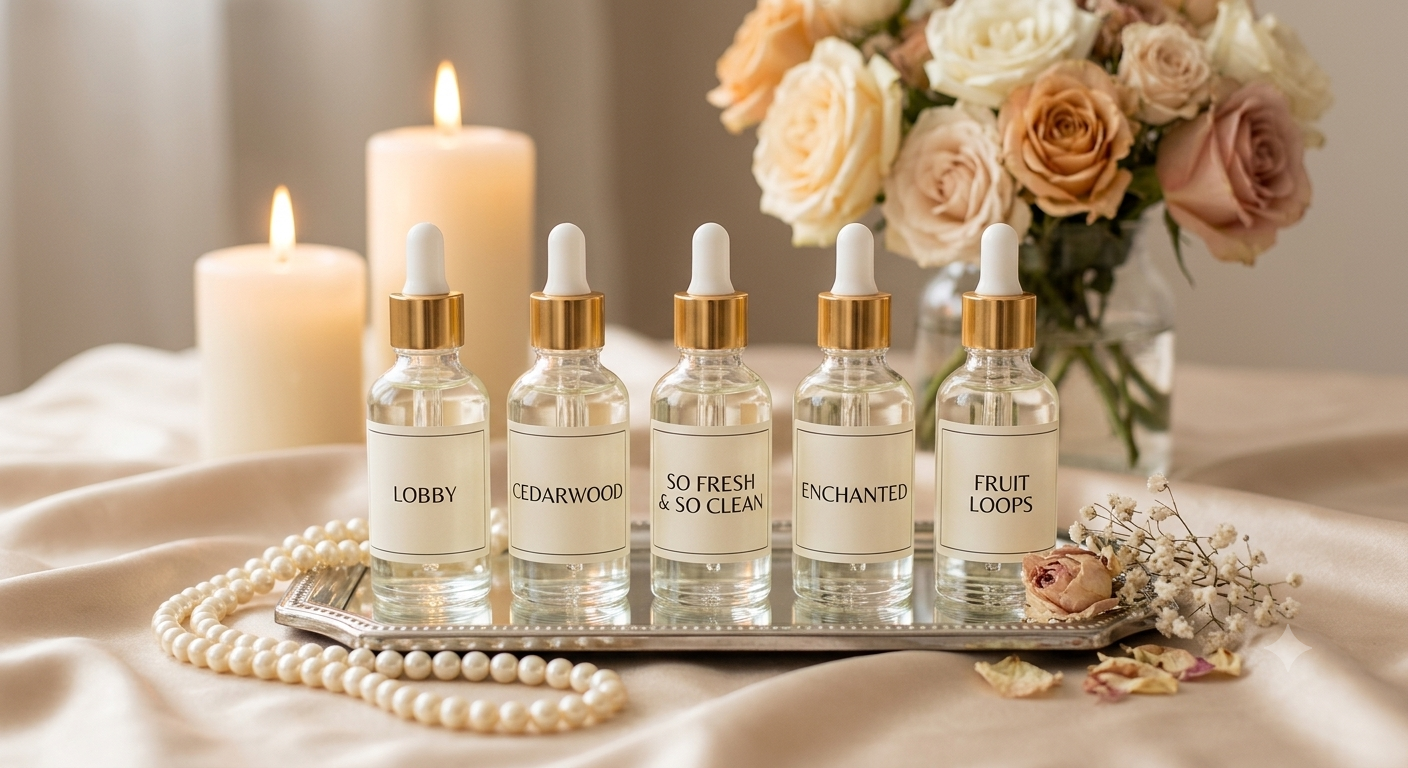Luminé Bar signature scent library — Lobby, Cedarwood, So Fresh & So Clean, Enchanted and Fruit Loops fragrance bottles