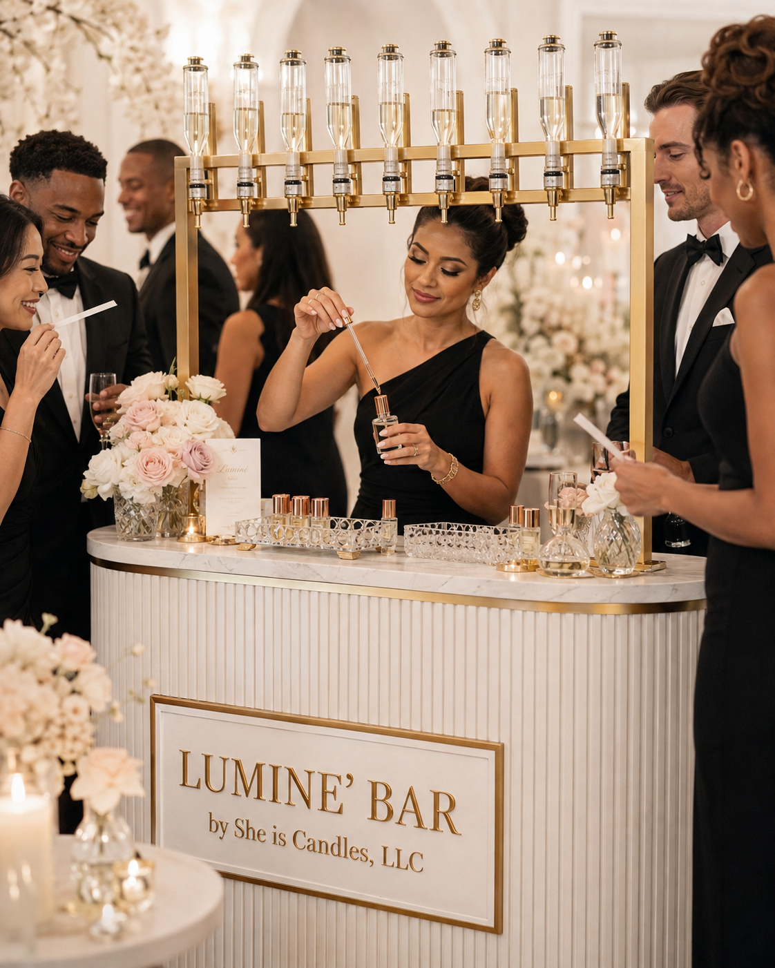 Guests in formal attire testing fragrance blends at the hosted Luminé Bar